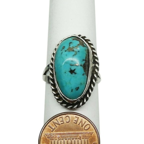 Southwestern Oval Turquoise Solitaire Split Shank Ring Sterling Silver Sz 7.25 - Picture 5 of 5